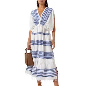NWT LemLem Cotton Blue & White Yani Plunge Neck Midi Dress/Swimsuit Cover-Small